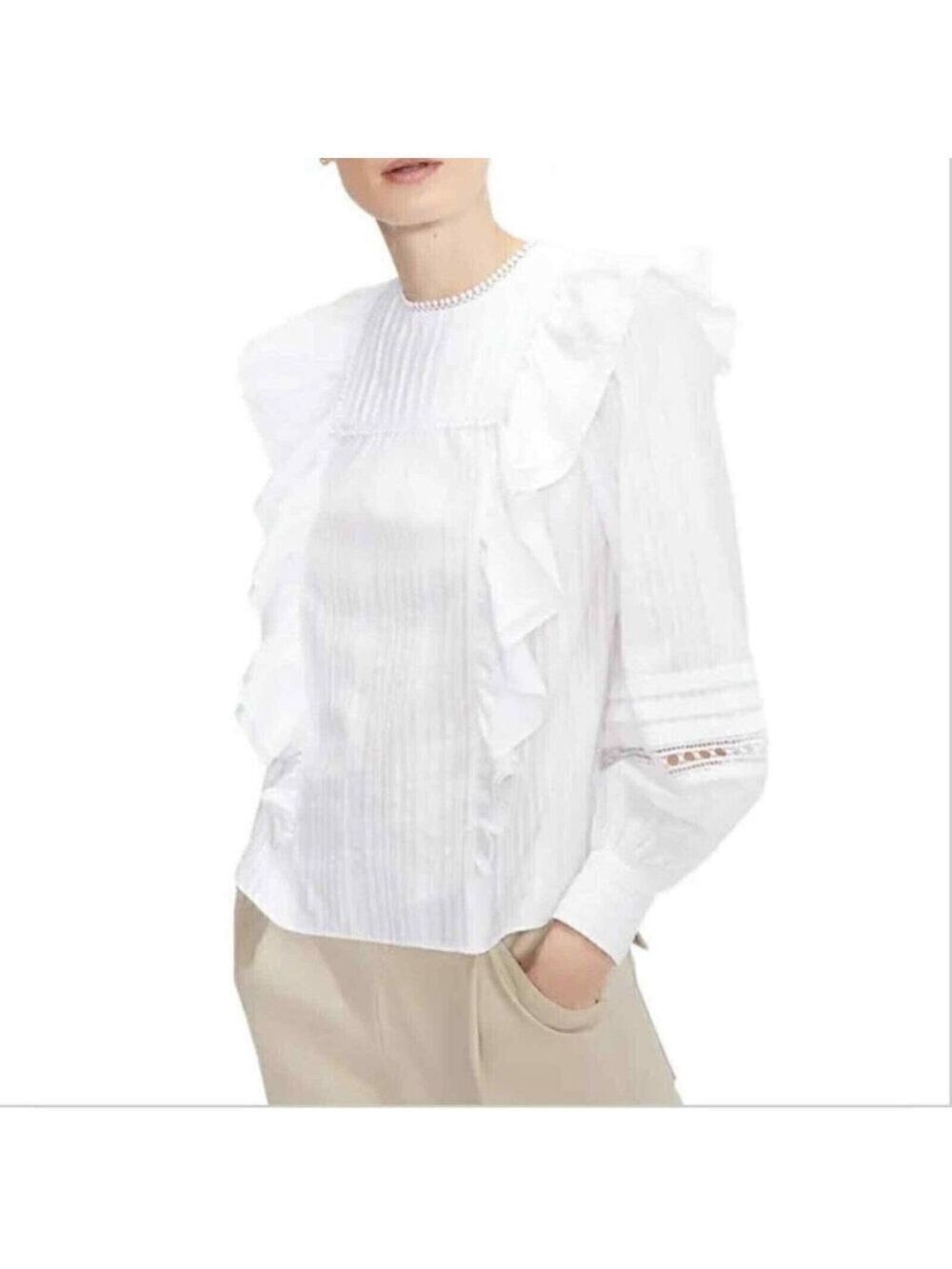 Ted Baker BNWOT white blouse "Silais" double frill sz 4 (US Large) long sleeve